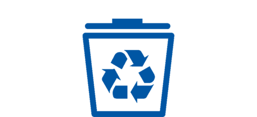Ein blaues Symbol mit einem Mülleimer und dem Recyclingzeichen darauf
